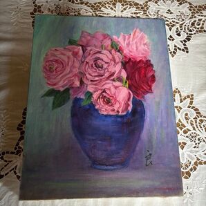 6号 バラ 油彩 真作 薔薇 花 直筆サイン入り