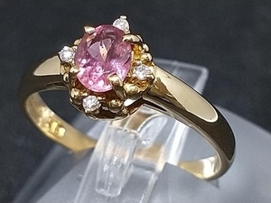 K18 18金 YG ピンク石 デザイン リング 指輪 イエローゴールド 2.3g #10 店舗受取可