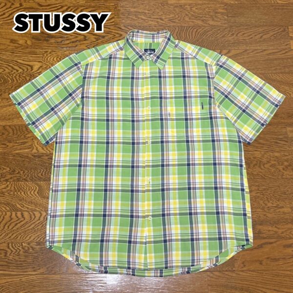 90s USA製 STUSSY ステューシー チェックシャツ 半袖 ピスタブ L