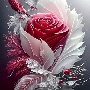 新品ダイヤモンドアート30×40 美しい赤い薔薇と白い羽　ローズ　花　銀色作成キット