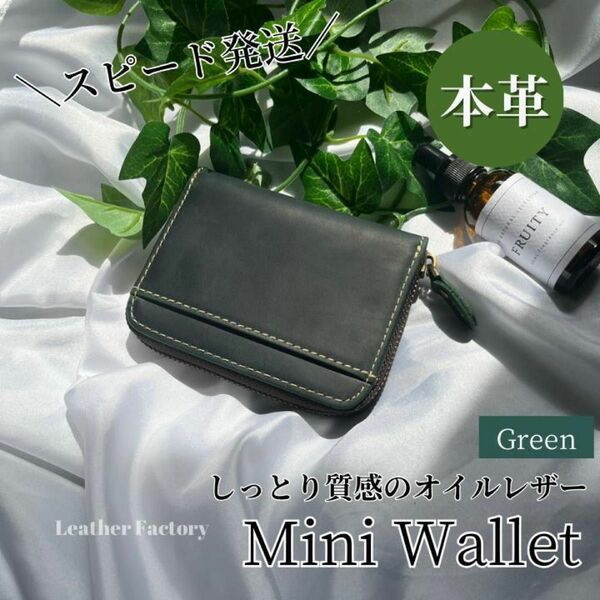 ミニ財布　新品　本革　二つ折り　プルアップレザー　コインケース グリーン　緑色　オイル　小銭入れ カードケース　小さい　ラウンド