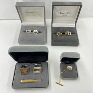 A226-^* Christian Dior Christian Dior запонки булавка для галстука суммировать комплект серебряный цвет Gold цвет с футляром Logo 
