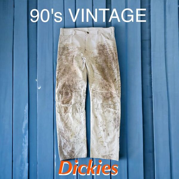 雰囲気抜群 ダメージ多数 Dickies ホワイト ペインターパンツ 実物 汚れ ワークパンツ ディッキーズ 白ペインター アメリカ購入 輸入 古着