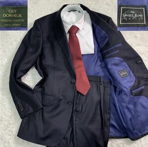 【美品・L相当】DORMEUIL生地 Savile Row セットアップ スーツ メンズ ネイビー系 サビルロウ ドーメル　ストライプ 2B A6 上下 圧巻 裏地