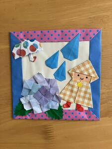 ハンドメイド 折り紙 梅雨リース　紫陽花　傘　レインコート　壁面飾り 幼稚園　施設