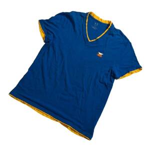 ■ A/X ARMANI EXCHANGE アルマーニ エクスチェンジ ■ ラバー ロゴ プリント Vネック 半袖 Tシャツ ブルー×イエロー XL