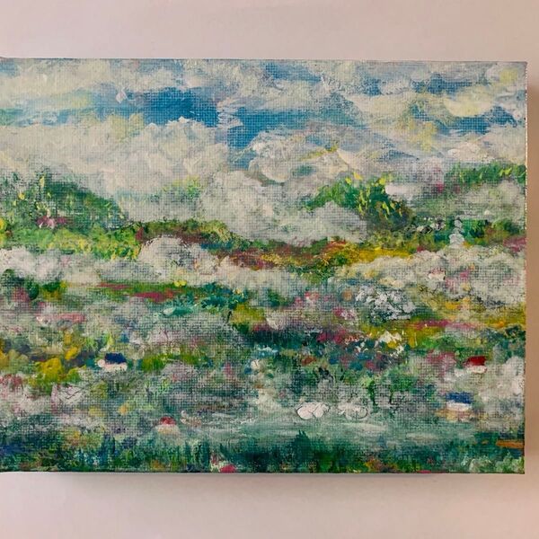 風景画「春の雨上がりの野山」