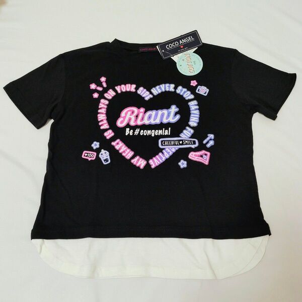 未使用タグ付き しまむら 女の子 半袖Tシャツ【140】ブラック ラメ 英字 重ね着風