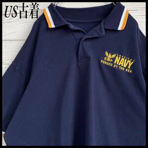 US NAVY ロゴ刺繍 ポロシャツ 袖刺繍 リブライン 鹿の子 GOLF ゴルフウェア 古着 半袖ポロシャツ ネイビー ゴルフ XL