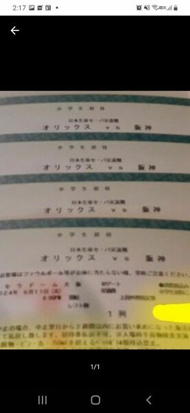 6月12日(水)　オリックスVS阪神　レフト上段1列目通路より3席以内　大人2枚子供4枚