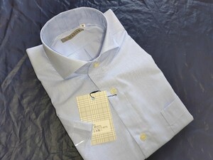 LL寸・半袖新品／日本製・無地ホリゾンタルカラーシャツ■ライトブルー色シャンブレー