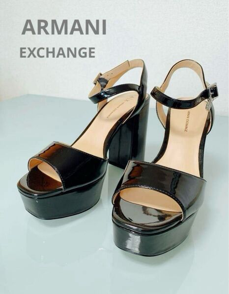 ARMANI EXCHANGE サンダル ヒール パンプス エナメル アンクルストラップ ブラック