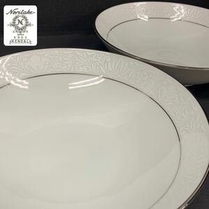 Y■美品■47 Noritake ノリタケ KENDAL ケンダル 深皿 2枚 ホワイト 白 ボタニカル模様 陶器製 陶磁器 銀彩 洋食器 器 スープ皿 