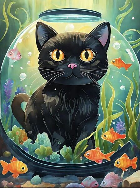 ダイヤモンドアート 猫 金魚 黒猫