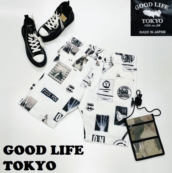 未使用品 /L/ GOOD LIFE TOKYO ホワイト ショートパンツ ショーパン メンズ アウトドア キャンプ コットン春夏ボタンフォトプリント 日本製