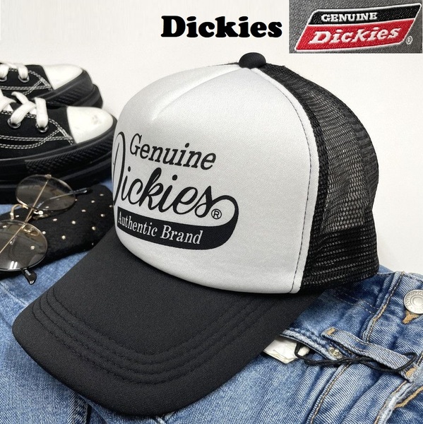 未使用品 Dickies ホワイト×ブラック メッシュキャップ 野球帽 アウトドア キャンプ ゴルフ 帽子 バイクトラック 春夏フェス ディッキーズ