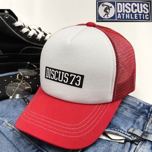 DISCUS ホワイト×レッド メッシュキャップ アウトドア キャンプ ゴルフ 野球帽 帽子 バイクトラック赤 春夏 ロゴ刺繍 ディスカス
