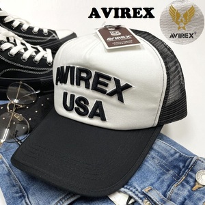 未使用品 AVIREX ホワイト×ブラック メッシュキャップ USAロゴ刺繍 メンズ カジュアル アウトドア キャンプ アビレックス アヴィレックス