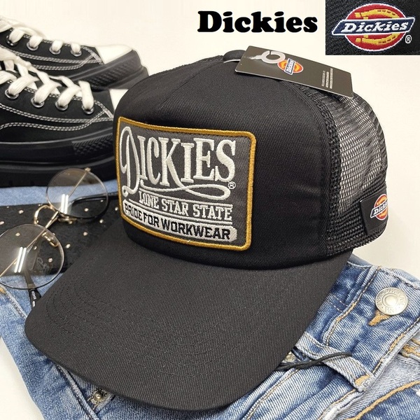 未使用品 Dickies ブラック メッシュキャップ 野球帽 アウトドア キャンプ ゴルフワッペン刺繍 帽子黒 バイク トラック 春夏 ディッキーズ
