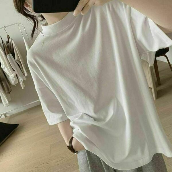 21☆10　プチハイネックシャツ　ホワイト　レディース　コットン　半袖　シンプル
