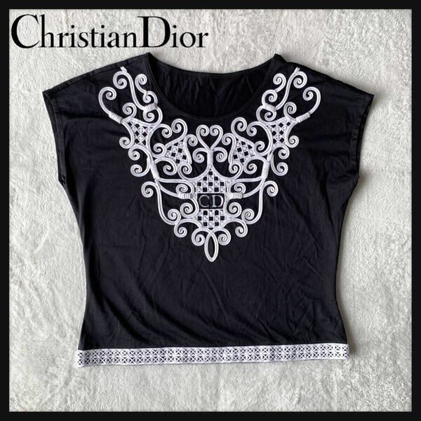 【希少】Christian Dior クリスチャン ディオール Tシャツ カットソー トップス エンブロイダリー CDロゴ刺繍 ビンテージ オールド