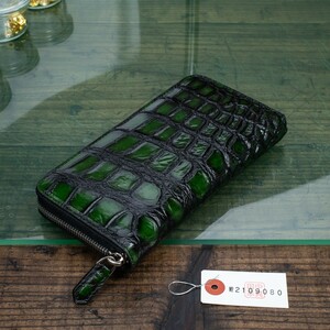[ the truth thing photographing ] new goods one sheets leather crocodile men's long wallet round fastener unused free shipping 1 jpy .wani eyes ground dyeing green green rice field middle leather .