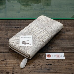 [ the truth thing photographing ] new goods one sheets leather crocodile men's long wallet round fastener unused free shipping 1 jpy .wanihimalaya white white rice field middle leather .