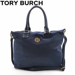  хорошая вещь TORY BURCH Tory Burch 2way нейлон большая сумка темно-синий темно-синий Gold металлические принадлежности 