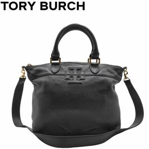  хорошая вещь TORY BURCH Tory Burch 2way кожа большая сумка чёрный черный морщина кожа Gold металлические принадлежности 