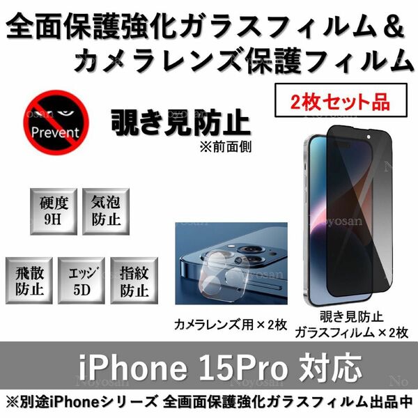 iPhone15Pro対応 覗き見防止全面保護強化ガラスフィルム&背面カメラレンズ用透明強化ガラスフィルムセット2式
