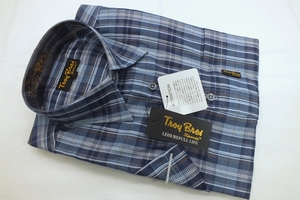 3【Troy Bros】トロイブロス 夏快適パナマ織半袖カジュアルシャツ・ネービー系・L（胸囲96-104）