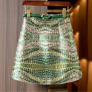 スリムな女性用サテンスカート,グリーンのヒョウ柄