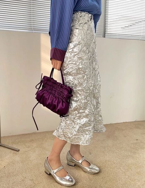 女性のハイウエストスカート ホイル シルバースカート Mサイズ
