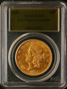 アンティークコイン アメリカ 1851 リバティ S.S.セントラルアメリカ号 20ドル金貨 PCGS AU53（SSCA6632）