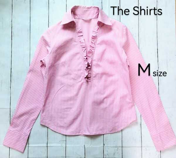 「The Shirts 胸元フリル長袖カットソー シャツブラウス Mサイズ（実寸あり）ピンクパープル×ホワイト ストライプ 」胸元ホックで着脱楽
