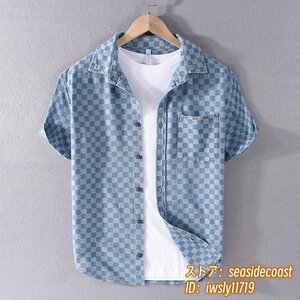 新入荷◆メンズシャツ 半袖シャツ デニムシャツ チェック柄 正規品 ヴィンテージ 超希少 極美品 カジュアル 柔らか 心地良し ブルー 2XL