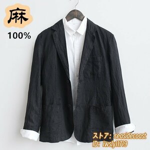 新品◆テーラードジャケット 最高級 リネンジャケット メンズ ブレザー 麻100% スーツ 無地 アウター デザイナーズ 紳士服 ブラック L