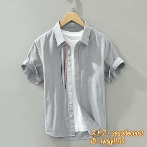 夏新作■半袖シャツ メンズ ワイシャツ ビジネス Tシャツ ストライプ柄 サマーシャツ お洒落 刺繍 スリム 細身 カジュアル グレー M