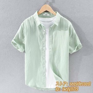 半袖シャツ■新品 メンズ ワイシャツ リネンシャツ 亜麻100% 夏 サマー 清涼感 心地良し 麻シャツ 無地 カジュアル 六色選択 グリーン M