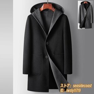 定価18万 メンズコート ロングコート フード付き ウールコート 紳士ビジネスコート 厚手 リバーシブル 両面 チェスターコート ブラック 3XL