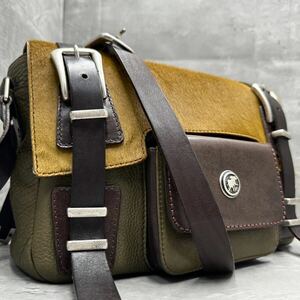 1 иен # прекрасный товар / редкий модель # HUNTING WORLD Hunting World мужской сумка на плечо mesenja- бизнес наклонный .. общий рисунок кожа чай 