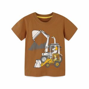 2024夏の新作　かわいい子供服　キッズファッション　トップス　工事車ショベルカー　半袖Tシャツ　男の子　女の子　100cm