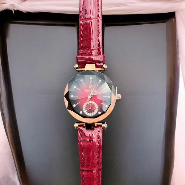 POEDAGAR 女性の高級ラインストーンダイヤルカッティングクォーツ時計エレガントな防水ファッションアナログ PU レザー腕時計