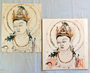 ● 法隆寺金堂壁画 観音菩薩像 木版画２枚 (木版画シートと色紙貼り) ● 仏画 仏教美術