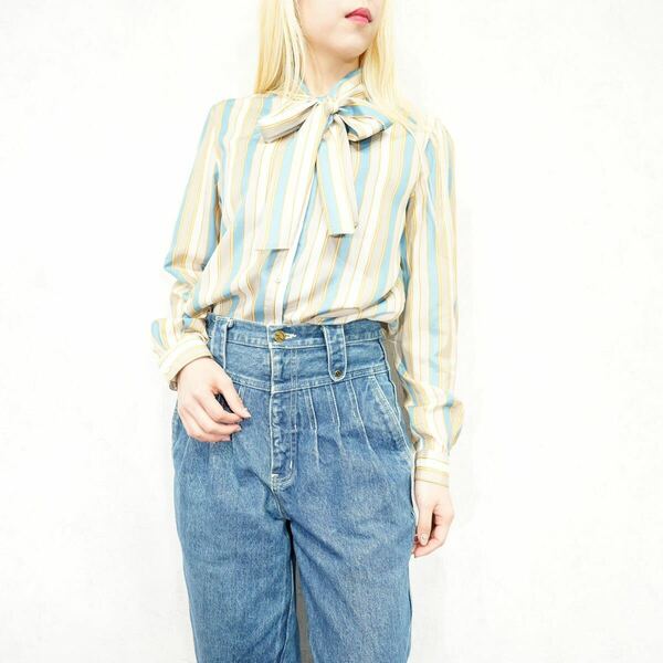 EU VINTAGE antaniolli STRIPE PATTERNED RIBBON TIE BLOUSE/ヨーロッパ古着ストライプ柄リボンタイブラウス