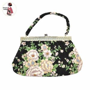 1 jpy bag beads handbag bag black color flower retro kimono including in a package possible [kimonomtfuji] 7nfuji44640