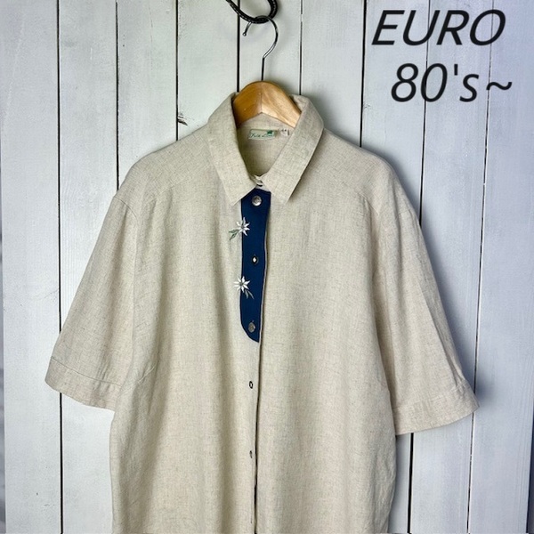 sh●754 EURO古着 80s~ チロルシャツ 44 ベージュ オールド ヴィンテージ ユーロ ヨーロッパ古着 リネン コットン 半袖 チロリアンシャツ