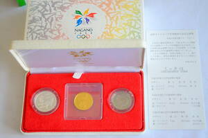  Heisei era 9 year Nagano Olympic winter contest convention memory money 1 ten thousand jpy gold coin 5 thousand jpy silver coin 500 jpy white copper coin set gold coin 15.6g