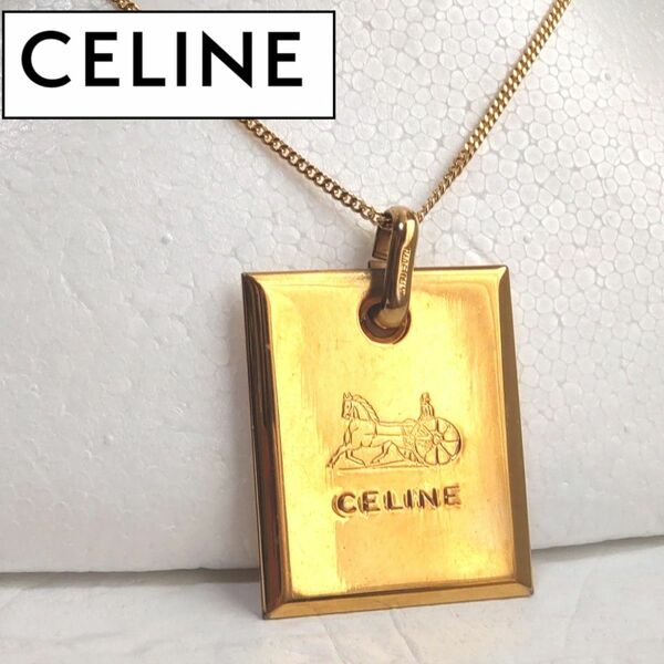 CELINE セリーヌ ネックレス トップ ペンダント アクセサリー 馬車 ゴールド GD プレート スクエア レディース 