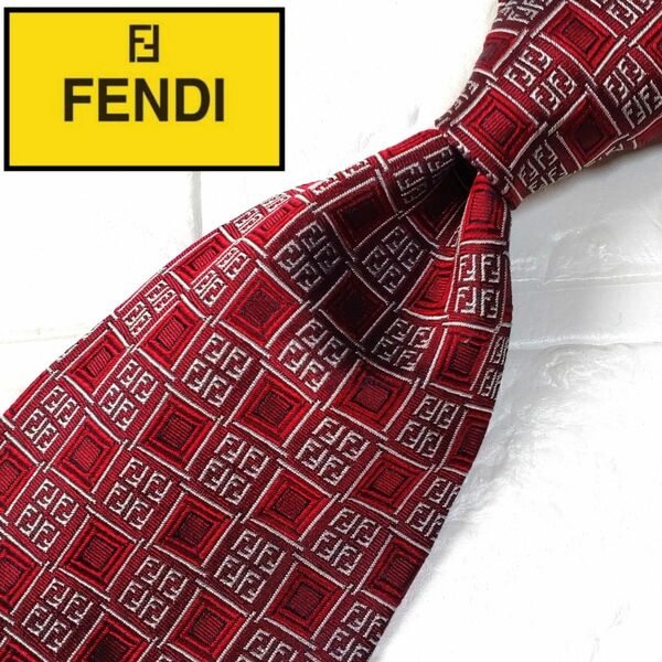 高級 FENDI フェンディ ズッカ柄 ネクタイ シルク 総柄 ボルドー Fロゴ イタリア メンズ ビジネス フォーマル シルバー